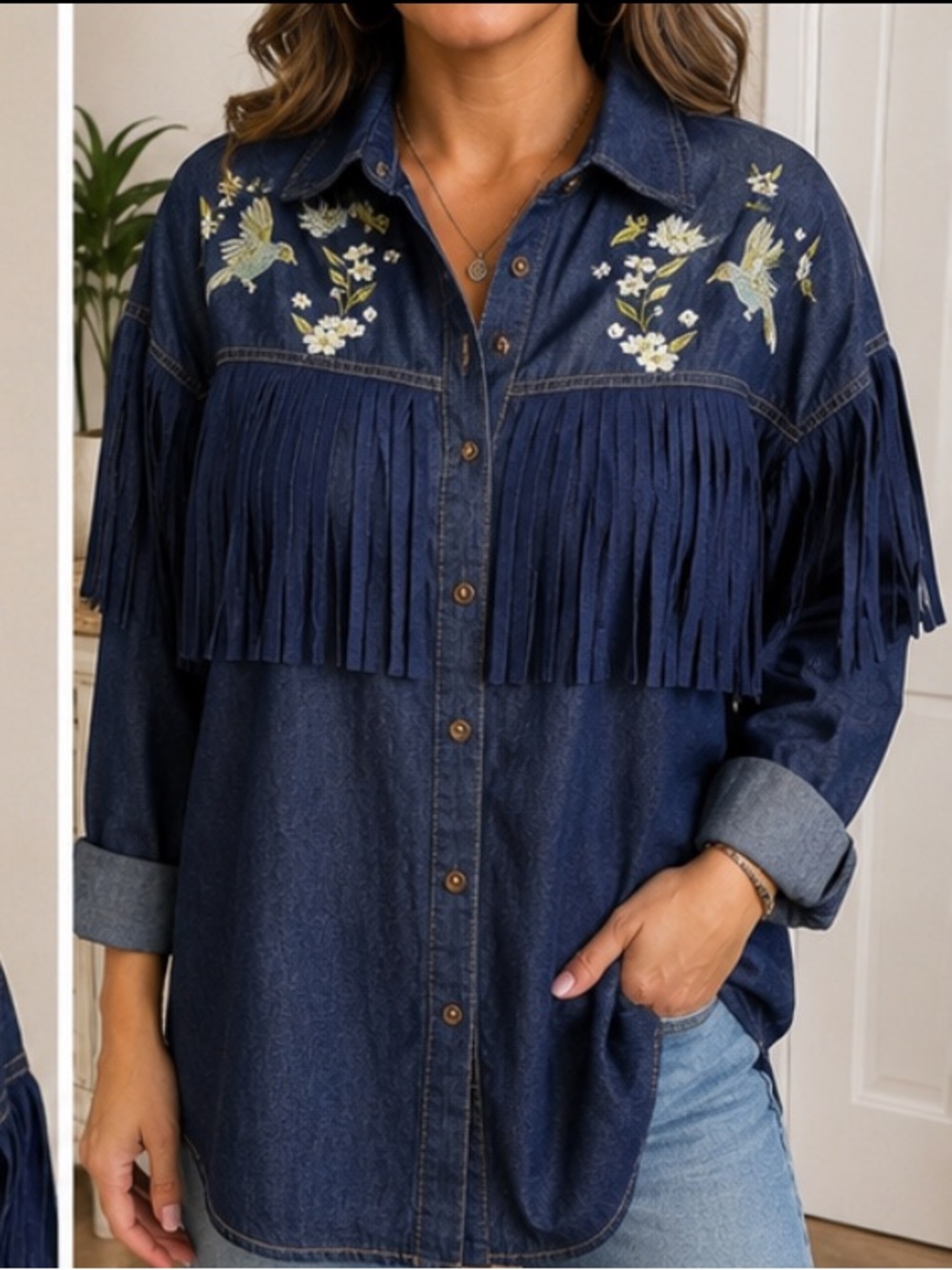 Embroidered Denim Fringe Button Up Shirt Cotton Floral Bird Western Boho Ranch